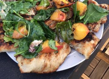 Grilled Pizza with Peaches, Goat Cheese and Arugula